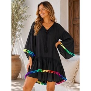 ChicMe Black Rainbow Pom Pom Tassel Tiered Mini Dress Tunic Top Small